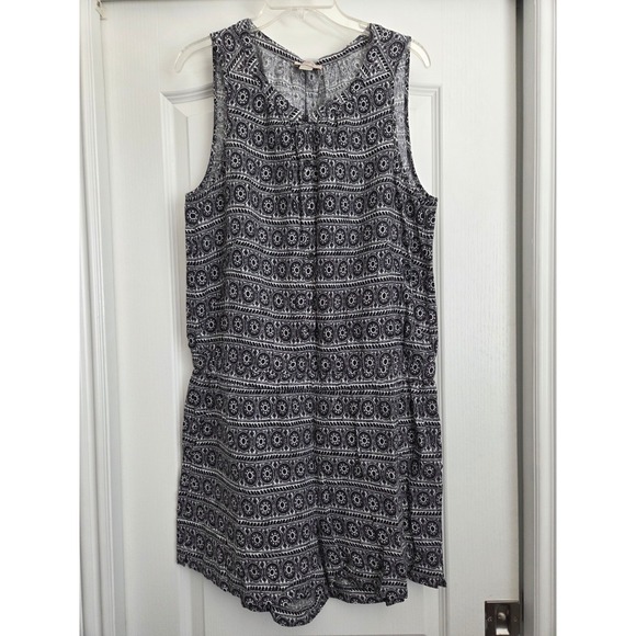 LOFT Sleeveless Linen‎ Blend Romper Black White Geo Print Sz L Summer Vacation - Picture 1 of 5